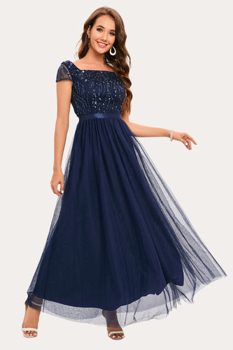 Sparkly Navy Beaded Square Neck Long Tylle Prom Dress