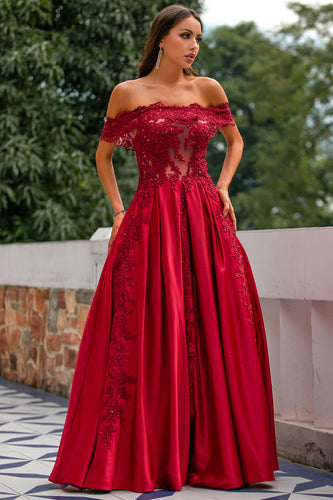 rød av skulderen lang prom kjole