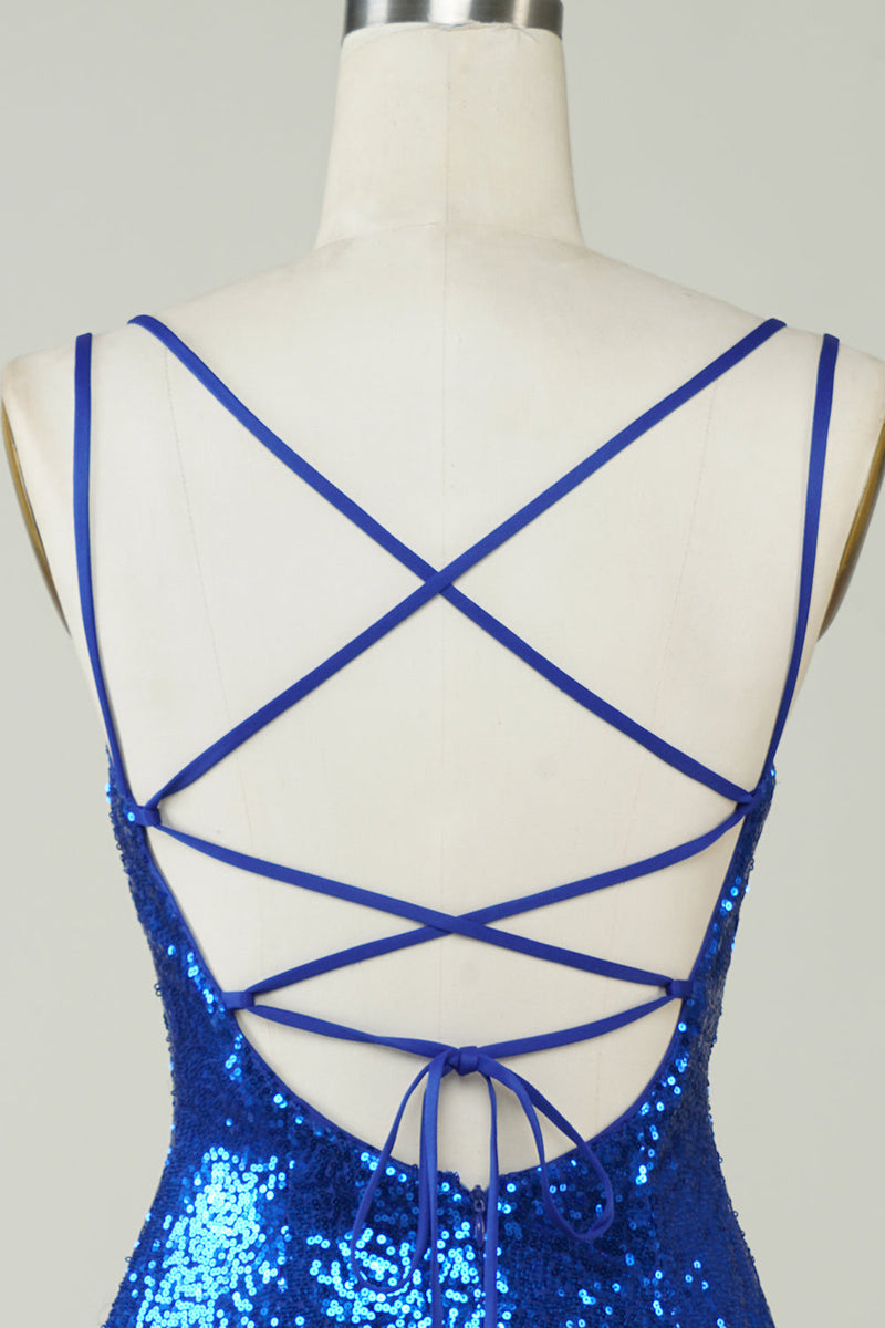 Load image into Gallery viewer, Royal Blue Tight Sequins Backless Homecoming Dress