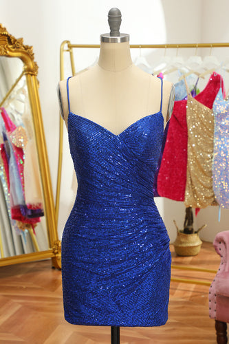 blå paljetter tight backless kort homecoming kjole