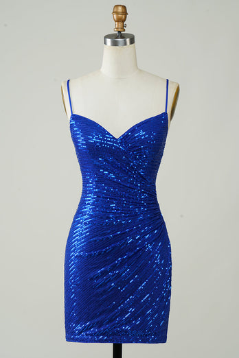 Sparkly Bodycon Spaghetti stropper Royal Blue Sequins Kort Homecoming kjole