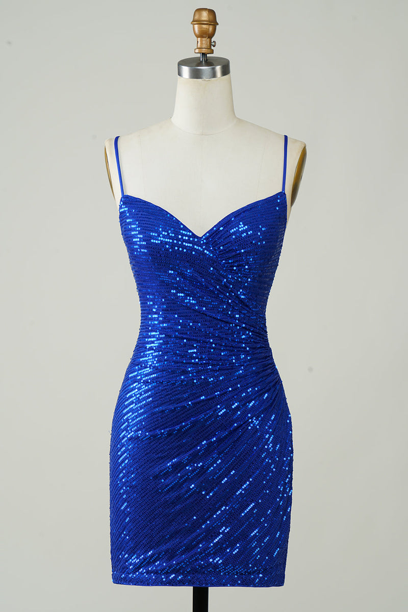 Load image into Gallery viewer, Sparkly Bodycon Spaghetti stropper Royal Blue Sequins Kort Homecoming kjole