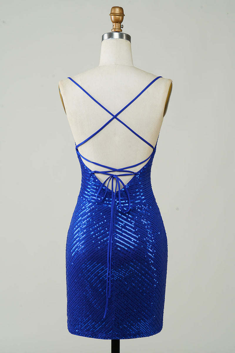 Load image into Gallery viewer, Sparkly Bodycon Spaghetti stropper Royal Blue Sequins Kort Homecoming kjole