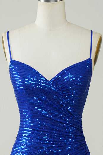 Sparkly Bodycon Spaghetti stropper Royal Blue Sequins Kort Homecoming kjole