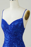 Sparkly Bodycon Spaghetti stropper Royal Blue Sequins Kort Homecoming kjole