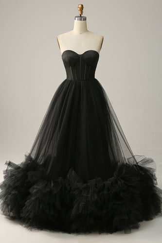 A Line Sweetheart Black Corset Prom Dress med Ruffled