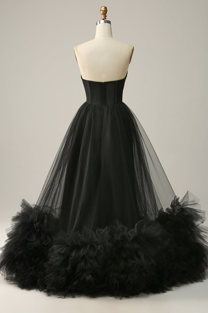 Load image into Gallery viewer, A Line Sweetheart Black Corset Prom Dress med Ruffled