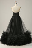 A Line Sweetheart Black Corset Prom Dress med Ruffled