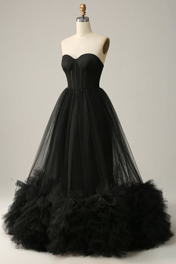 A Line Sweetheart Black Corset Prom Dress med Ruffled
