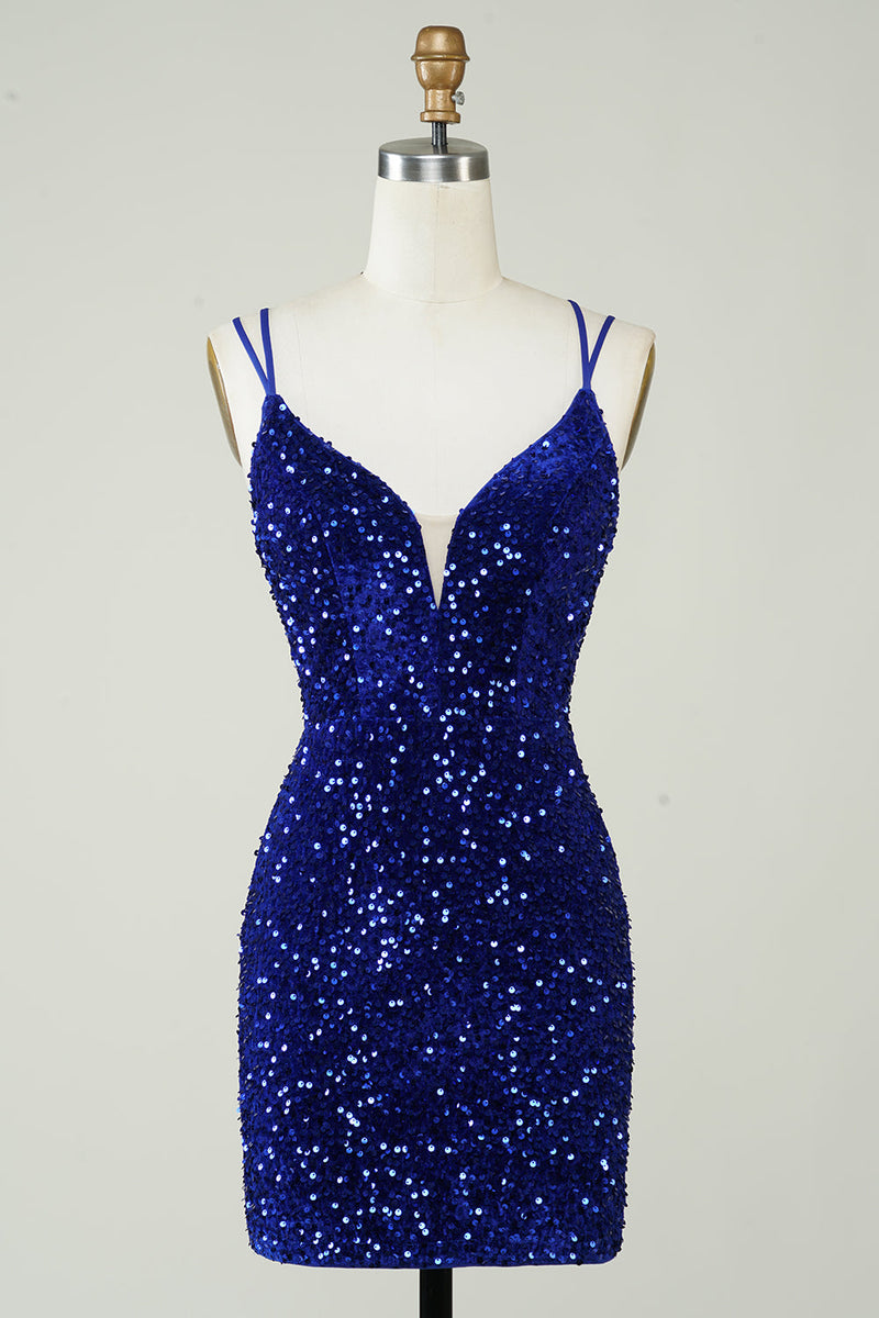 Load image into Gallery viewer, Slire Royal Blue Sequins Kort Homecoming kjole med Criss Cross Back