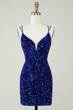 Slire Royal Blue Sequins Kort Homecoming kjole med Criss Cross Back