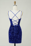 Slire Royal Blue Sequins Kort Homecoming kjole med Criss Cross Back