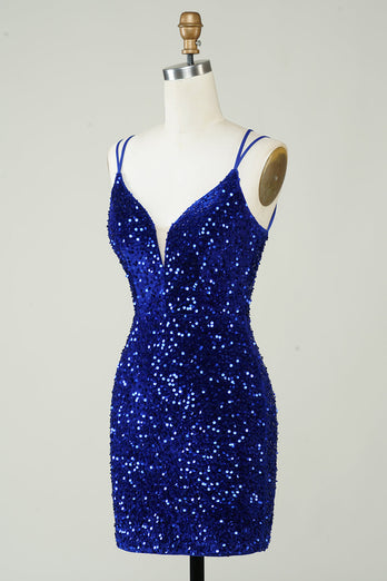 Slire Royal Blue Sequins Kort Homecoming kjole med Criss Cross Back