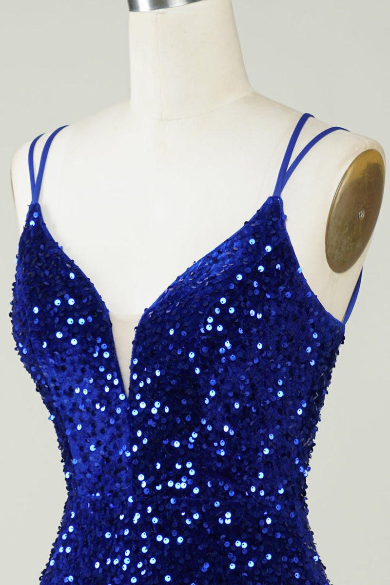 Load image into Gallery viewer, Slire Royal Blue Sequins Kort Homecoming kjole med Criss Cross Back