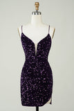 Sparkly Purple Sequins Backless Tight Short Homecoming Dress med Slit