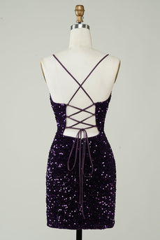 Sparkly Purple Sequins Backless Tight Short Homecoming Dress med Slit