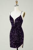 Sparkly Purple Sequins Backless Tight Short Homecoming Dress med Slit