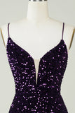 Sparkly Purple Sequins Backless Tight Short Homecoming Dress med Slit