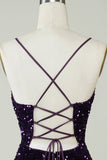 Sparkly Purple Sequins Backless Tight Short Homecoming Dress med Slit