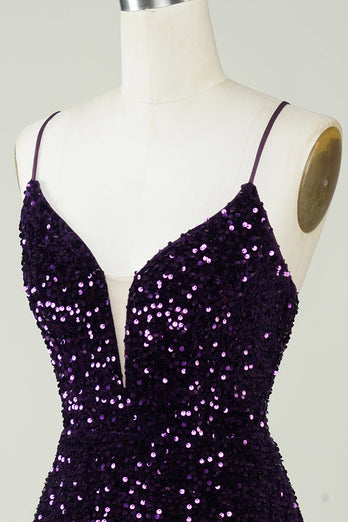 Sparkly Purple Sequins Backless Tight Short Homecoming Dress med Slit