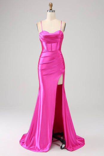 Stunning Mermaid Spaghetti stropper Fuchsia korsett Prom kjole med delt front