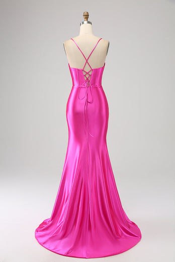 Stunning Mermaid Spaghetti stropper Fuchsia korsett Prom kjole med delt front