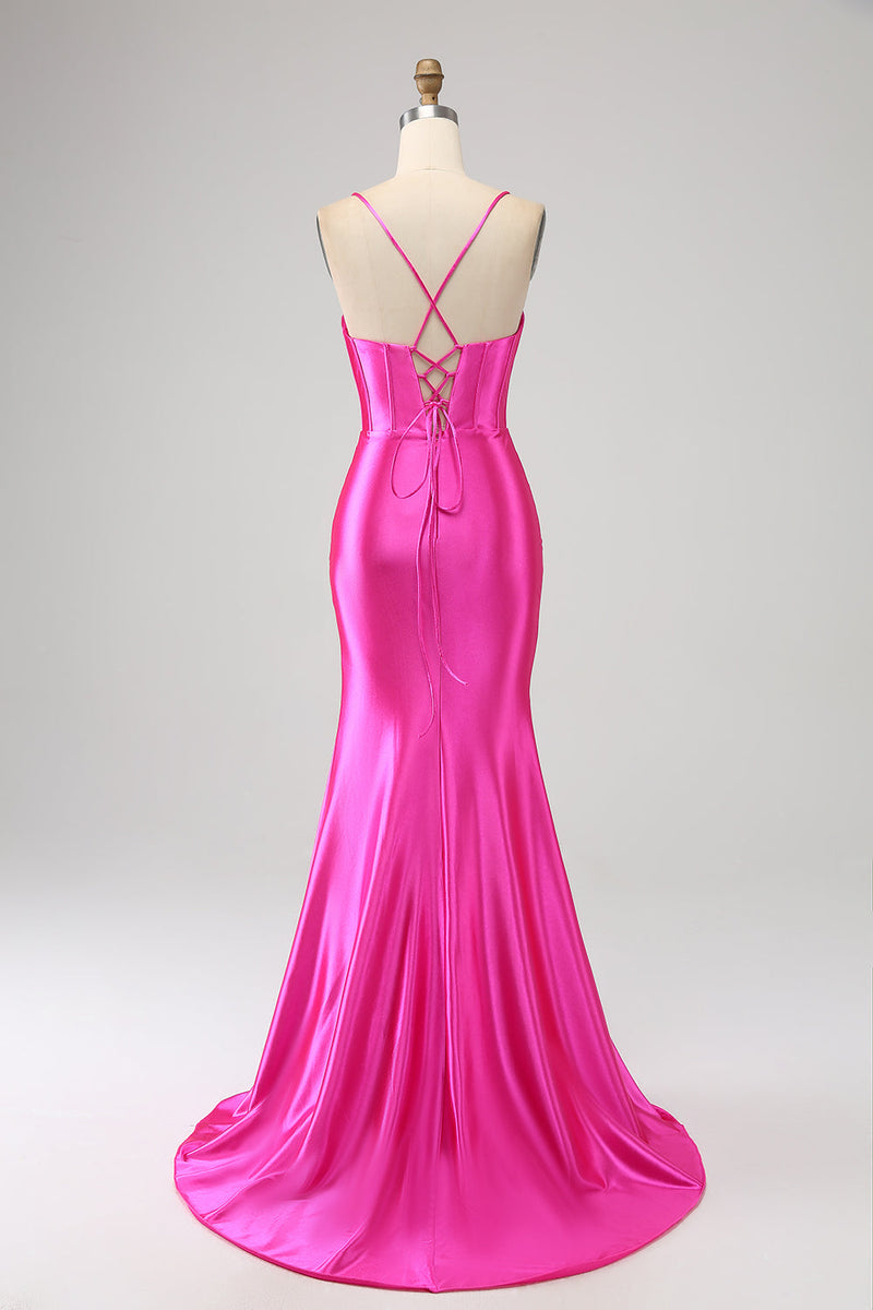 Load image into Gallery viewer, Stunning Mermaid Spaghetti stropper Fuchsia korsett Prom kjole med delt front