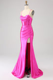 Stunning Mermaid Spaghetti stropper Fuchsia korsett Prom kjole med delt front