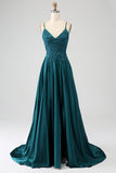 Peacock Green A-Line Spaghetti stropper Long Prom Dress med Slit