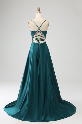 Peacock Green A-Line Spaghetti stropper Long Prom Dress med Slit