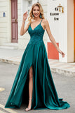 Trendy A Line Spaghetti stropper Peacock Green Long Prom Kjole med Appliques