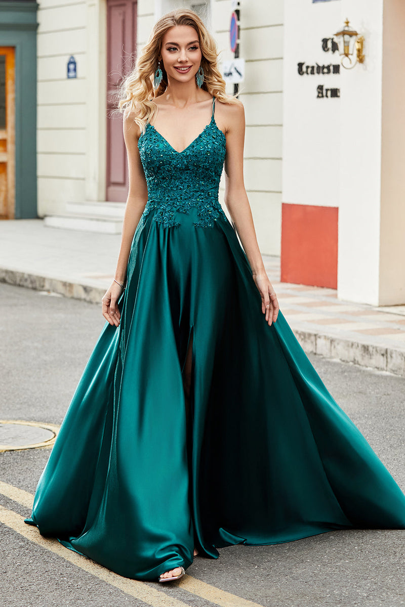 Load image into Gallery viewer, Trendy A Line Spaghetti stropper Peacock Green Long Prom Kjole med Appliques