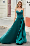 Trendy A Line Spaghetti stropper Peacock Green Long Prom Kjole med Appliques