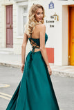 Trendy A Line Spaghetti stropper Peacock Green Long Prom Kjole med Appliques