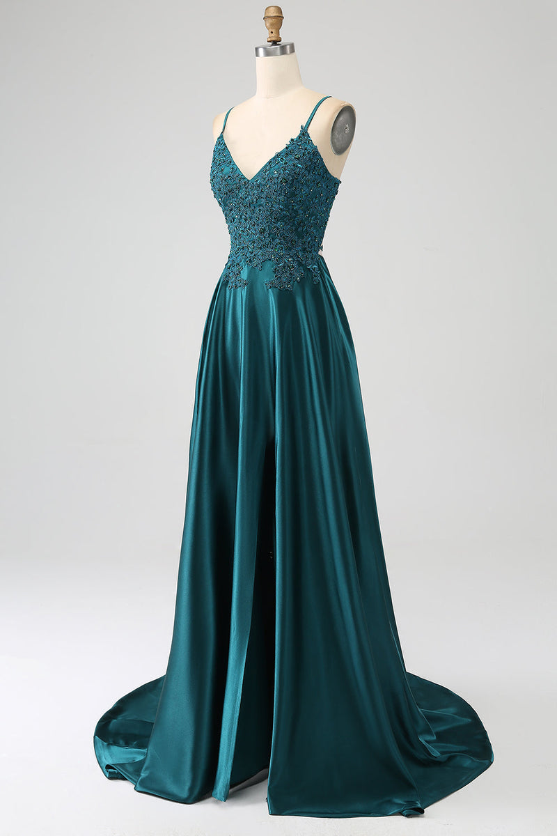 Load image into Gallery viewer, Peacock Green A-Line Spaghetti stropper Long Prom Dress med Slit