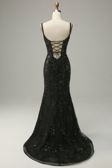 Havfrue Spaghetti stropper Black Paljetter Long Prom kjole med Split Front