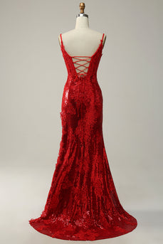 Slire Spaghetti stropper Red Long Prom Kjole med Split Front