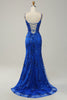 Load image into Gallery viewer, Havfrue Spaghetti stropper Royal Blue paljetter Long Prom kjole med delt front