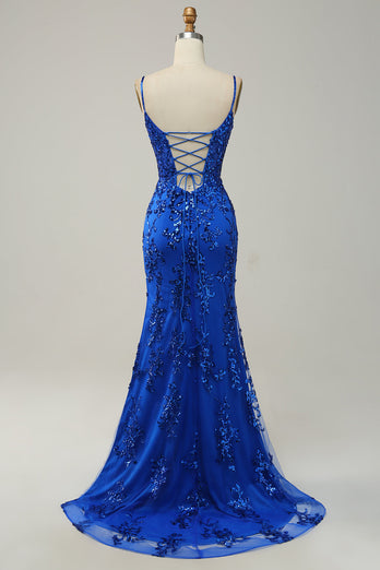 Havfrue Spaghetti stropper Royal Blue paljetter Long Prom kjole med delt front