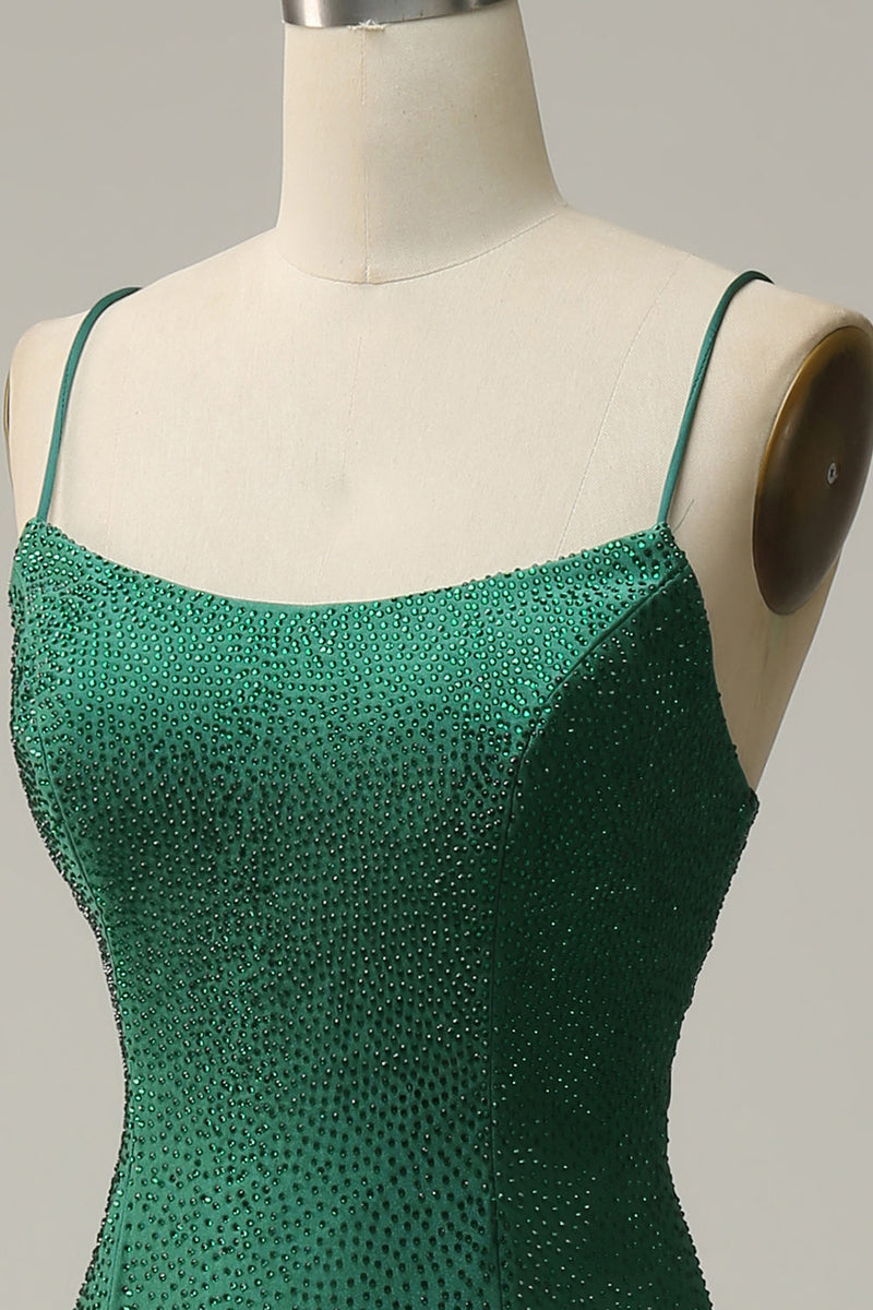 Load image into Gallery viewer, Havfrue spaghetti stropper mørkegrønn lang ballkjole med perle