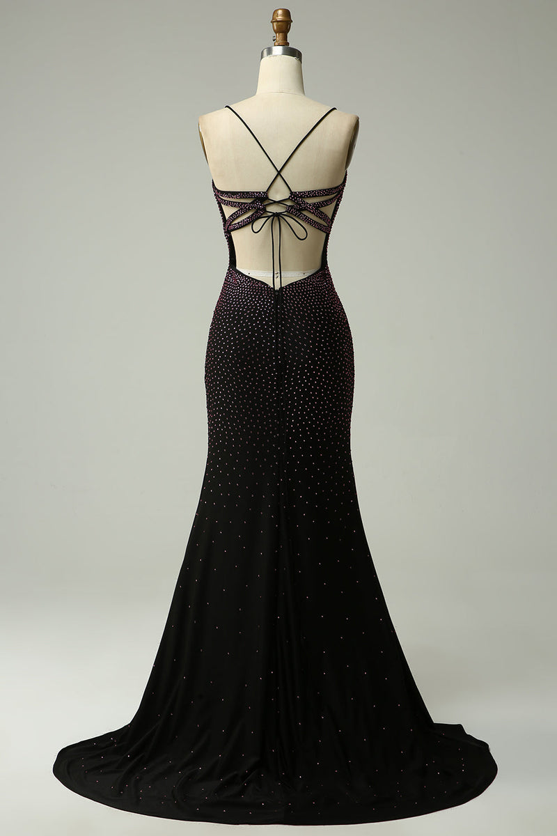 Load image into Gallery viewer, Dark Purple Spaghetti stropper Havfrue Prom kjole med Beading