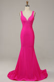 Fuchsia Havfrue V-hals Beaded Prom kjole