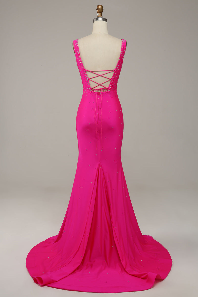 Load image into Gallery viewer, Fuchsia Havfrue V-hals Beaded Prom kjole