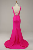 Fuchsia Havfrue V-hals Beaded Prom kjole