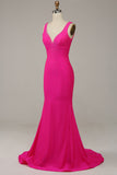 Fuchsia Havfrue V-hals Beaded Prom kjole