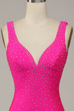 Fuchsia Havfrue V-hals Beaded Prom kjole