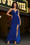 Royal Blue Mermaid Lace-Up Back Sequin Long Prom Dress med Slit