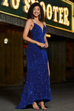 Royal Blue Mermaid Lace-Up Back Sequin Long Prom Dress med Slit