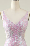 Slire V Neck Lilac Sequins Long Prom Kjole med Split Front