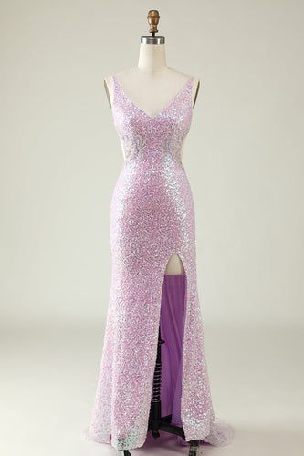 Slire V Neck Lilac Sequins Long Prom Kjole med Split Front
